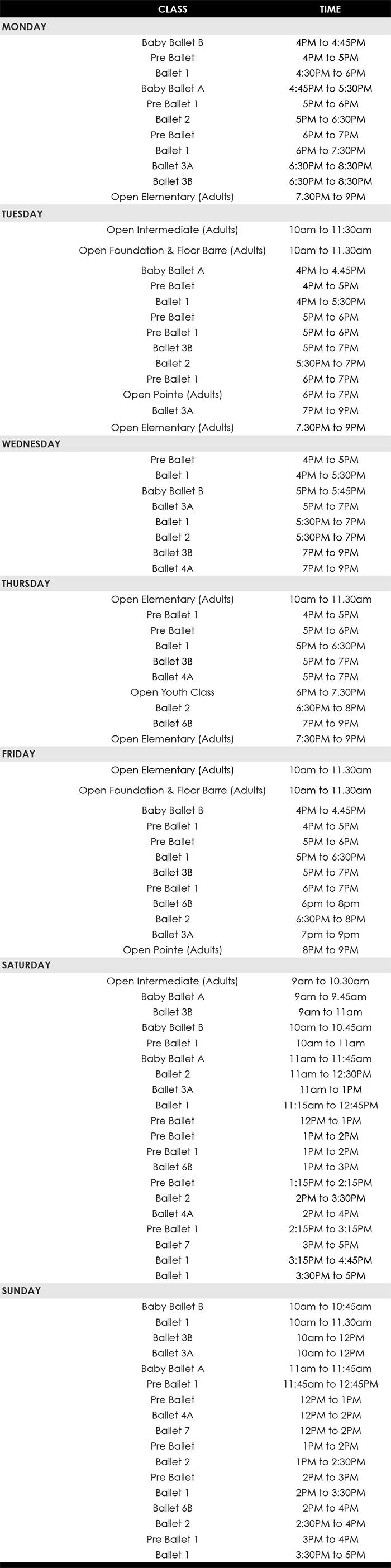 Ballet Class Schedule