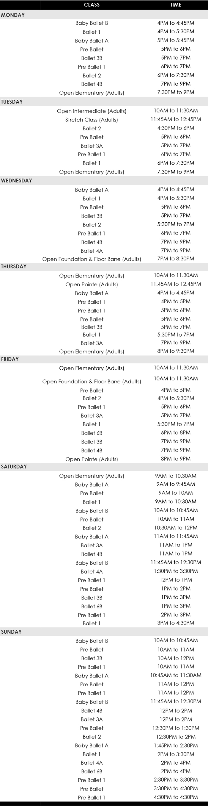 Ballet Class Schedule